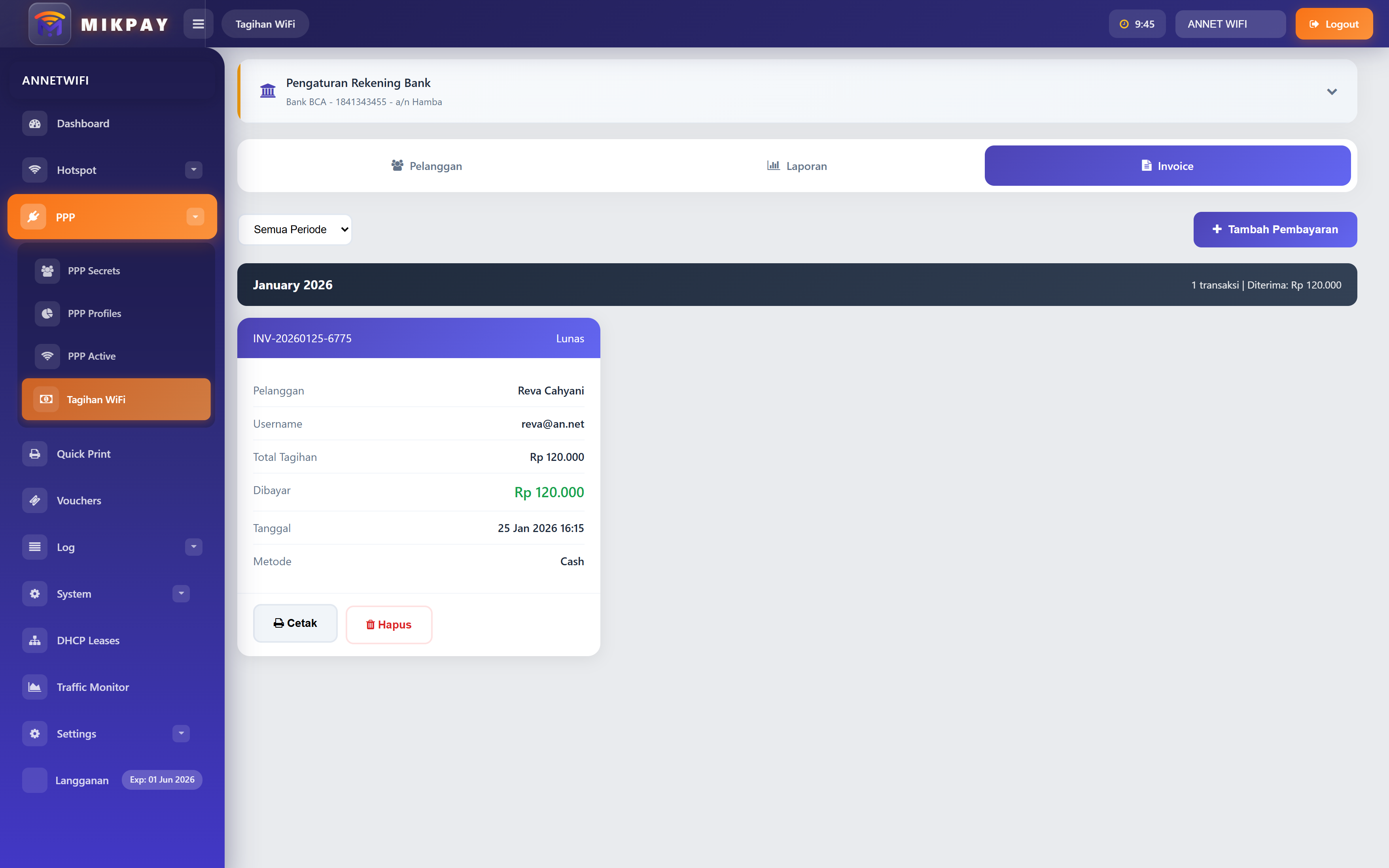 Struk pembayaran WiFi - cetak struk pembayaran di MikPay